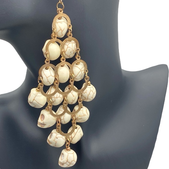 Howlite Stone Cascading Skull Chandler Statement Earrings - Picture 4 of 8